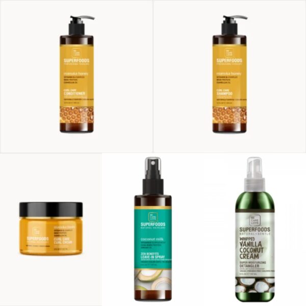 Superfood Curl care shampoo, condition, stylings creme, Leave in sprayog whipped Detangler spray